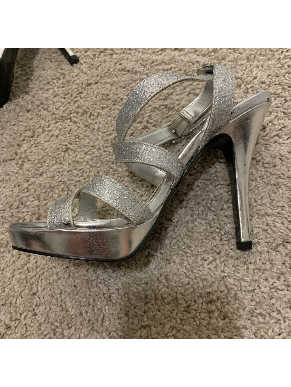 Women’s Tevolio High Heels Silver Sparkle Open Toe Ankle Strap Shoes Size 5.5